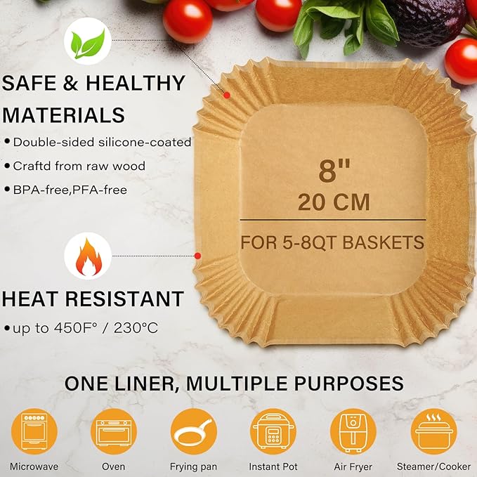 600 Pieces Air Fryer Paper Liners Disposable, 8 Inch Square Parchment Paper Liners for Air Fryer Basket, Non-Stick Airfryer Liners for 5-8QT Air fryer, Baking, Roasting and Microwave