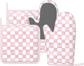 Oven Mitts and Pot Holders Pink Check Bow Pattern Silicone Kitchen Accessories Set of 4 Heat Resistant Long Gloves Potholder Non-Slip Grip for Chef Cooking Baking Grilling BBQ