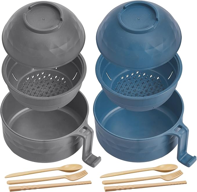 2 Sets Microwave Ramen Bowl 40 oz Wheat Fiber Portable Instant Noodle Cooker Bowl with Handles Strainer Spoon Chopstick Fork College Dorm Room Apartment Essentials(Gray,Dark Blue)