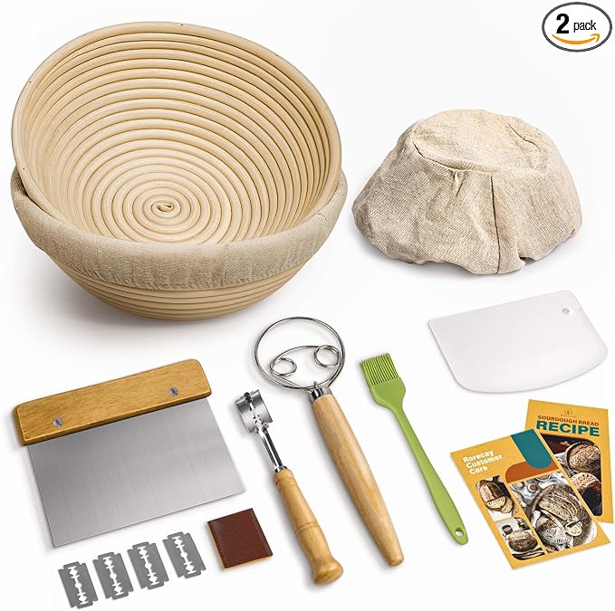 Rorecay Banneton Bread Proofing Baskets Set of 2, 9 Inch Round Cane Sourdough Bread Rising Basket Bowls with Sourdough Bread Making Tools Baking Supplies for Sour Dough Proofing Fermentation
