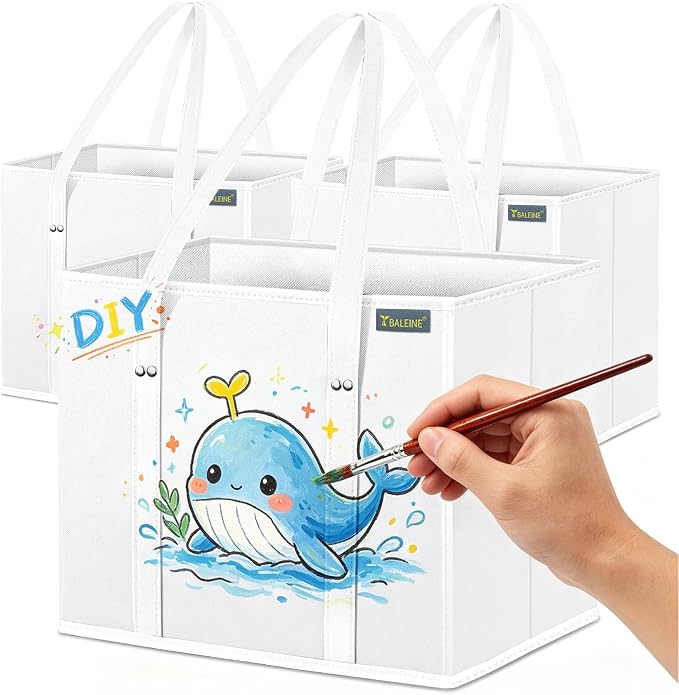 BALEINE 3Pk Reusable Grocery Bags, Foldable Shopping Bags for Groceries with Reinforced Bottom & Handles (White)