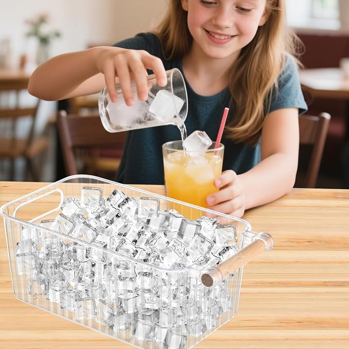 CIEOVO 4 Piece Ice Bin and 2 Flexible Scoop Set Plastic Freezer Ice Bin with Handle Clear Storage Bucket for Container with Bucket Scoop Kitchen Fridge