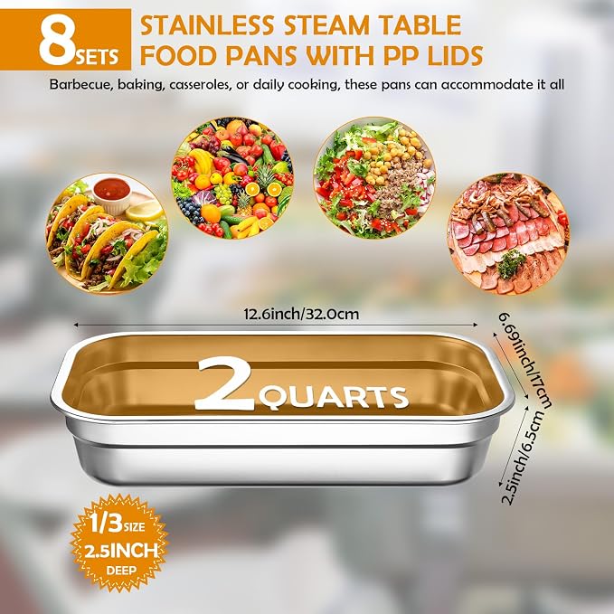 8 Pcs 304 Stainless Steel Food Storage Containers with Lids 1/3 Size Hotel Pan Chicken Food Grade Pans Metal Meal Containers for Restaurant Stackable Kitchen Freezer Buffet(2.5 Inch Deep)