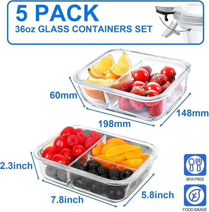 5-Pack 36 oz Glass Meal Prep Containers with Leak Proof Locking Lids, Glass Lunch Containers, Food Prep Lunch Box, Bento Box for Microwave, Oven, Freezer, Dishwasher Safe(2 Compartments)