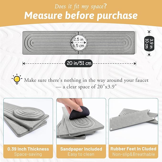 Diatomite Kitchen Sink Water Splash Guard, 20'' Drying Neat Stone Sink Tray, Modern Stylish Faucet Handle Drip Catcher Stone, Absorbent Mat for Kitchen Counter, Gift for Valentine's Day, Light Gray