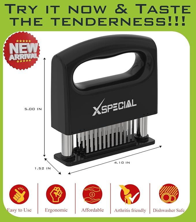 XSpecial Mini-Deluxe Meat Tenderizer 48 Blade Stainless Steel - Kitchen Cooking Gadgets Tools with Ultra Sharp Needle That Makes Steak & Chicken Tender - No More Hammer, Meat Pounder Or Mallet