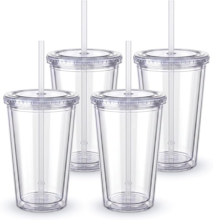 Zukro Clear Tumbler with Lid and Straw 16 oz, Wide Mouth Double Walled Insulated Reusable Acrylic Plastic Iced Coffee To Go Cup for Loaded Tea, Water, Lemonade, Fit in Cupholder, BPA Free, 4 Pack