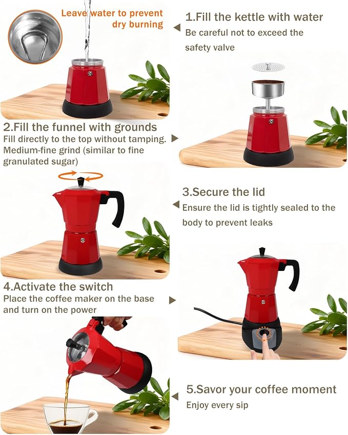 Electric Moka Pot with Detachable Base Aluminum Espresso Maker 10oz 6 Cup 300ml Red Italian Coffee Maker for Kitchen Home 110V