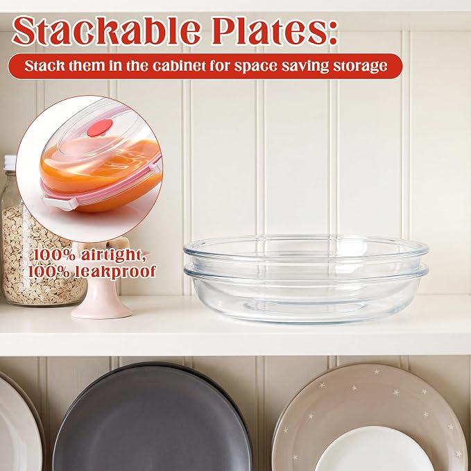 2 Pcs 9 Inch Glass Pie Plate with Lid for Baking Large Stackable Glass Round Pie Baking Dish for Fruit, Quiches, Pumpkin, Kitchen Oven Refrigerator Family Clear