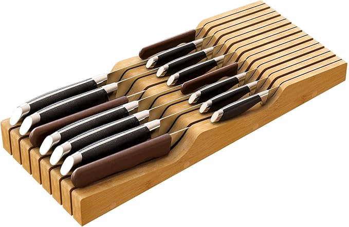 Large Knife Drawer Organizer Insert, Bamboo Wood Knife Holder, Knife Block Hold up To 15 Knives
