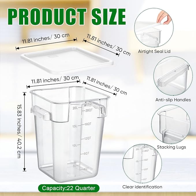 FoldTier 2 Pieces Square Food Storage Containers Polycarbonate Clear food Container with Lid Commercial Storage with Graduations for Commercial Kitchen Dough Marinating Meat(White,22 Qt)