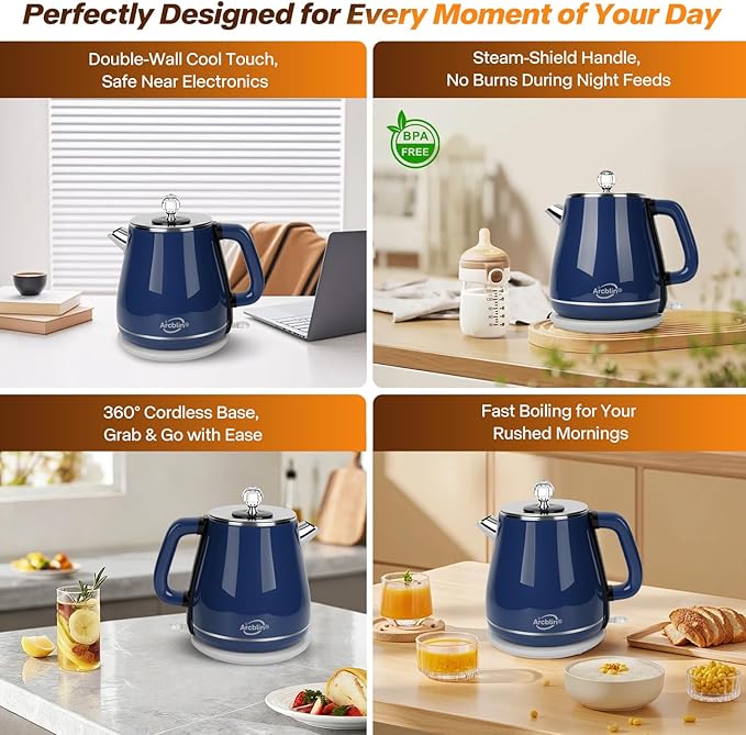 Vintage Electric Kettle 1.8L, Stainless Steel Electric Hot Water Kettle for Boiling Water, 1350W Fast Boil, BPA Free, Electric Tea Kettles Automatic Shut Off, Boil-Dry Protection, Navy Blue