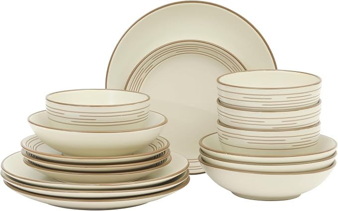 Gibson Home Chiswick House 16-Piece Stoneware Dinnerware Set, Round Plates and Bowls Set for 4, White with Wax Relief Embossed Rim Detail, Dishwasher Safe – Dinner Plate, Salad Plate & Cereal Bowl