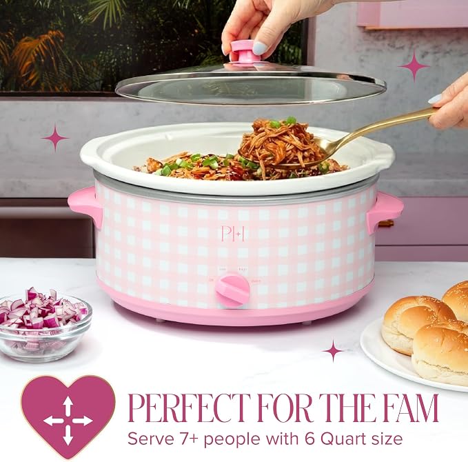 Paris Hilton 6-Quart Manual Slow Cooker, Features Three Settings (Low, High, Warm), Naturally Nonstick and Dishwasher Safe Stoneware Insert, Family Sized Capacity, Gingham Pink