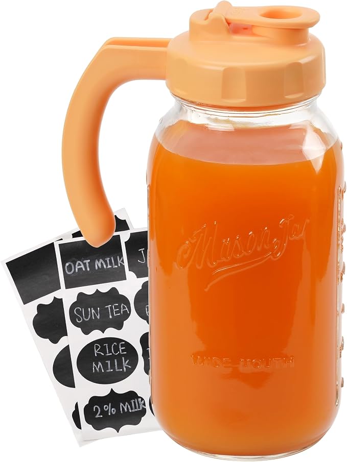 Soligt Glass Mason Jar Pitcher with Lid, Wide Mouth Flip Cap Pour Spout Leak-proof Lid with Handle, 64 oz (2 Quart / 1.9 Liter), for Iced Coffee/Sun Tea Juice/Cold Brew Coffee (1Pack, Carrot Orange)