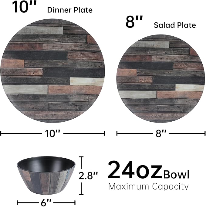 Webbylee Melamine Dinnerware Sets 12 Piece Wood Grain - Unbreakable Plates and Bowls, Lightweight Heavy Duty, Dishwasher Safe for Outdoor Camping Party Indoor Gift