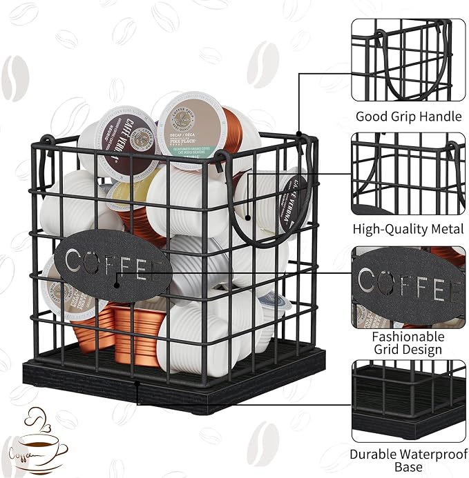 YINMIT K Cup Holder Organizer, Sturdy Coffee Pod Holder Organizer, 35 Kcup Large Capacity Storage Basket for Kitchen Counter and Office Desktop (Black-Square with Handle)