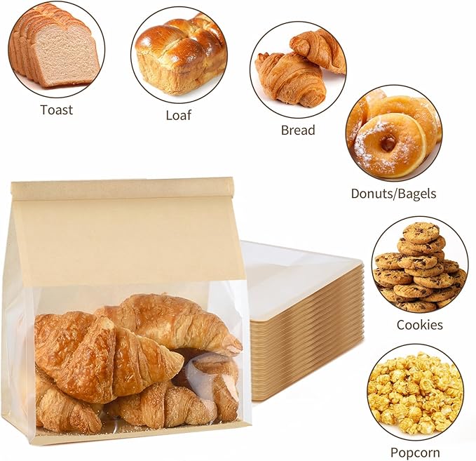 Ocmoiy 100Pcs Large Paper Bread Bags, Resealable Sourdough Bread Bags, Clear Front Tin Tie Tab Lock Bakery Storage Bag with Window Paper Treat Bag (8.7x4.3x11 Inch)