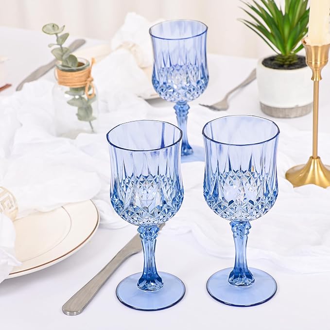 24 Pack Light Blue Plastic Wine Glasses, Vintage Plastic Goblets for Parties, Drinking Glasses Unbreakable Glassware Crystal Water Goblets Reusable Drinkware for Wedding Reception Grand Event Party