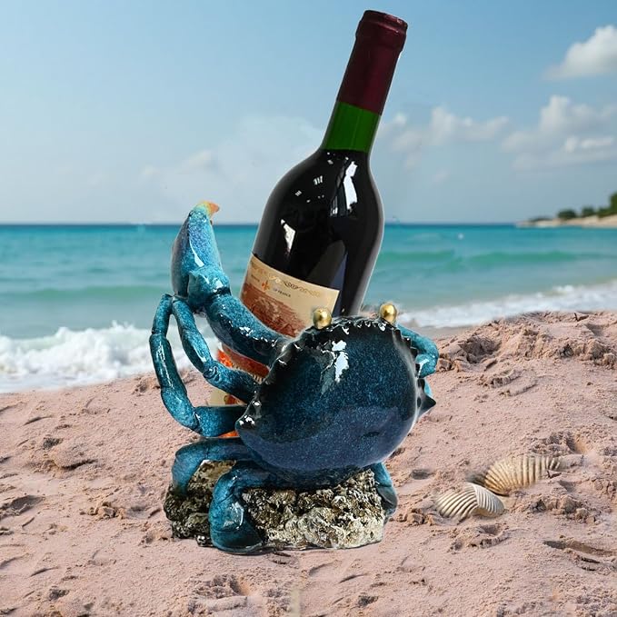 Modern Crab Wine Bottle Holder Countertop Coastal Beach Themed Home Decor Nautical Rack for Kitchen Living Room Bedroom Office Decorations - Gift for Ocean Lovers