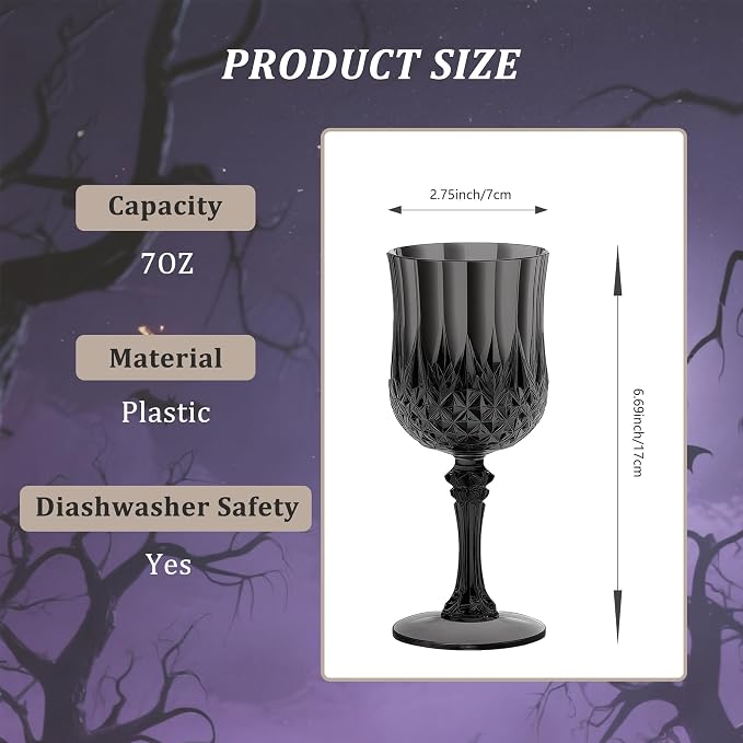 7OZ Plastic Wine Glasses, Reusable Vintage Goblets Unbreakable Drinking Glasses Crystal Water Cups Champagne for Wedding, Parties (48, Black)