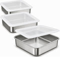 8x8 Stainless Steel Baking Pan with Lid, Square Brownie Cake Pan Set of 3 for Baking, Casserole and Meal Prep, 2 Inch Deep Metal Oven Pan, Dishwasher Safe