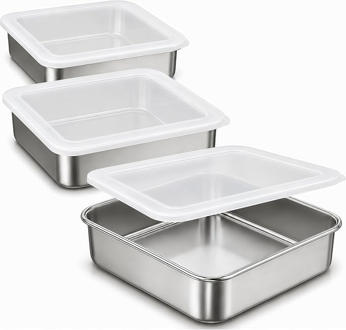 8x8 Stainless Steel Baking Pan with Lid, Square Brownie Cake Pan Set of 3 for Baking, Casserole and Meal Prep, 2 Inch Deep Metal Oven Pan, Dishwasher Safe
