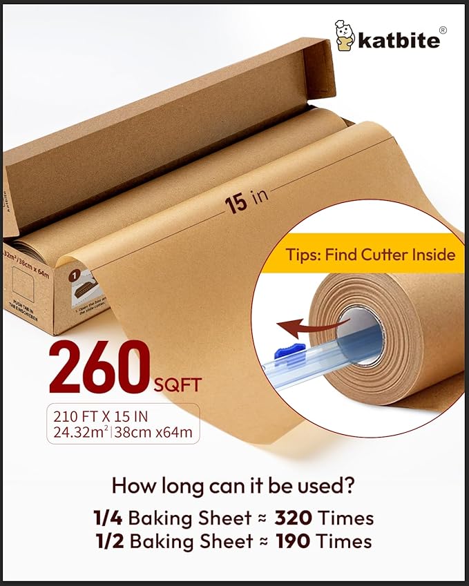 Katbite Unbleached Parchment Paper for Baking, 15 in x 210 ft, & Katbite 100PCS Air Fryer Liners Disposable, 8x5.5''