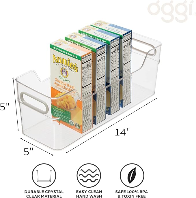 Oggi Cabinet/Drawer High Wall Storage Bin - 14" x 5", Clear/Gray, Ideal for Kitchen Organization, Pantry Storage, Fridge Organizing - Set of 6