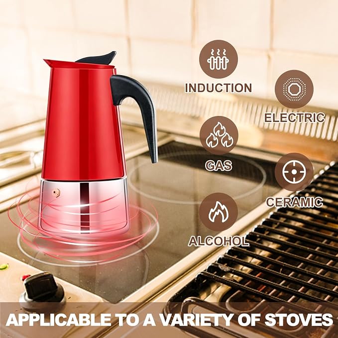 6 Cup Stovetop Espresso Maker Stainless Steel Moka Pot Stove Top Percolator Italian Coffee Makers Capable Mocha Greca Machine Cafe Classic Induction Cookers for Home and Camping 300ml 10oz