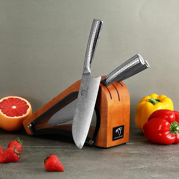 4 Pieces Damascus Kitchen Knife Set With Block - 8" Chef, 7" Santoku, 3.5" Paring, 3 Slots Natural Wood Block, 67 Layer Handmade Damascus VG10 Steel Core, Hammered Ergonomic Handle