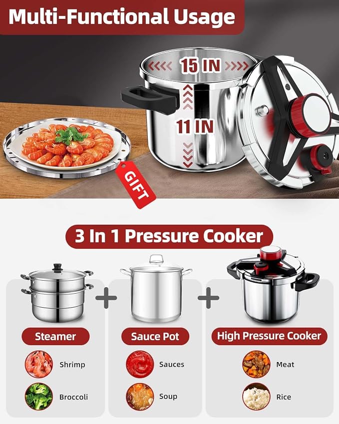 3-In-1 Stainless Steel Pressure Cooker 32 QT: [Save 70% Time] [3 PSI Settings], One-Hand Locking Large Pressure Canner, Induction Compatible, Steamer Rack Included, Olla de Presion 32 Quart, N2