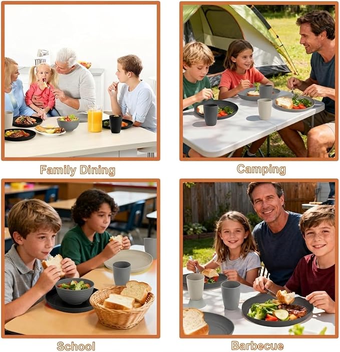 20 PCS Wheat Straw Plates and Bowls Sets,Kids Dishes Dinnerware Sets for 4,Unbreakable Kitchen Plates and Bowls Set for Travel Dishwasher & Microwave Safe Lightweight Dishes Set - BlackGrey