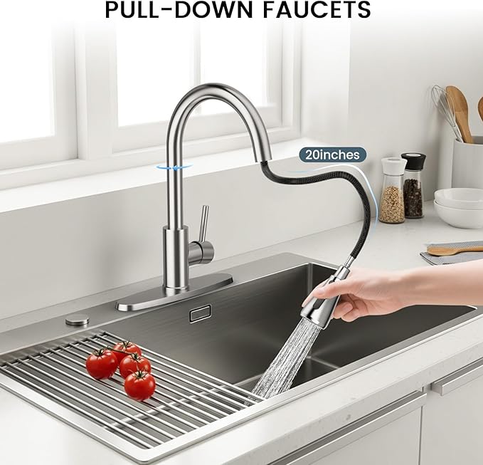 FEELSO Kitchen Faucets with Pull Down Sprayer, High Arc Stainless Steel Single Handle Kitchen Sink Faucet, 1 or 3 Hole Brushed Nickel Water Faucets for Farmhouse Laundry Camper Rv Bar