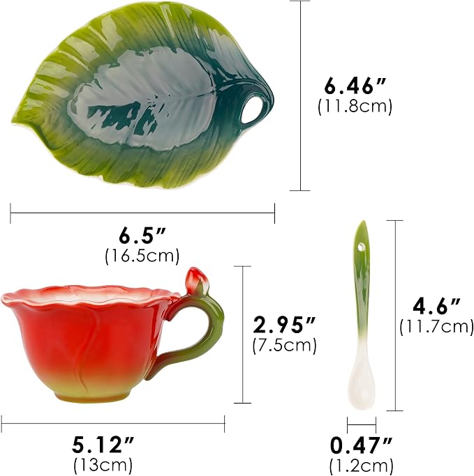 Red Rose Floral Teacup and Saucer Set for Women, 5.6oz Enamel Porcelain Rose Flower Shaped Tea Cup with Spoon