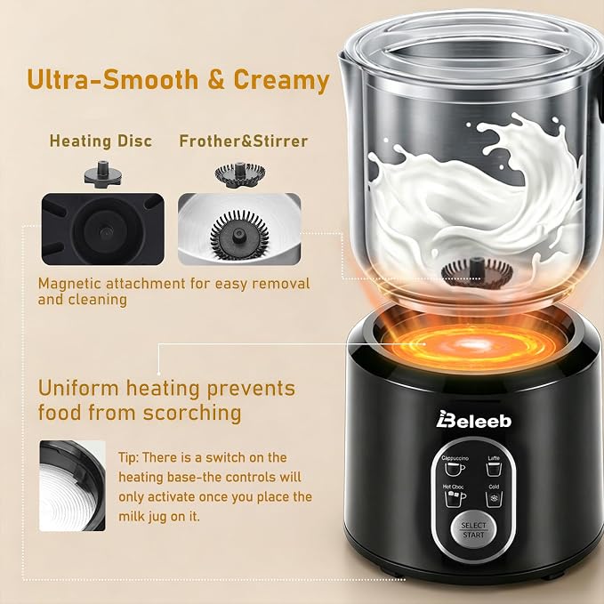 Detachable Milk Frother and Steamer, Dishwasher Safe Stainless Steel Milk Jug, 4-in-1 Electric Automatic Hot/Cold Foam Maker & Hot Chocolate Machine, 11.8oz/350ml, for Latte, Cappuccino