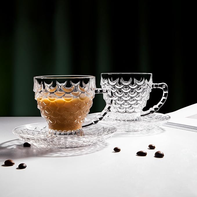 Glass Tea Cups and Saucers Set of 6 - Fish Scale Coffee Mugs - Teacups Set for Espresso Cappuccino Latte Tea - Dishwasher Microwave Safe (7OZ / 210ML)