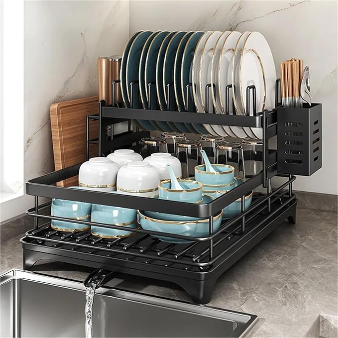 Adjustable Stainless Steel Dish Drying Rack with Drainboard, Over Sink Plate Drainer & Kitchen Organizer(Black Suit)