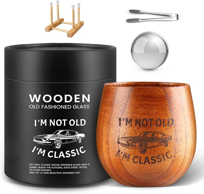 GENUINED 8oz Original Wooden Engraved Bourbon Drinking Glass, Old Fashioned Wooden Whiskey Glasses(1 Pack), Bourbon Gifts for Men