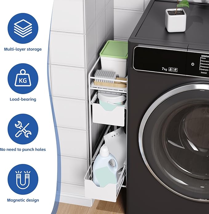 CABTE 3 Tier Magnetic Shelves for Washing Machine with Pull Out Metal Drawer,Magnetic Spice Rack for Fridge,Magnetic Rack with no Installation, Versatile Storage Organizers for Home (White, 3 Tier)