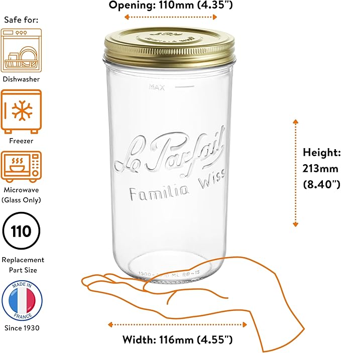 Le Parfait Familia Wiss 48oz (1.5L) Wide Mouth Glass Canning Jar – 1PK Made in France, Airtight 2-Piece Lid, Reusable Zero Waste & Eco-Friendly for Kitchen Storage, Meal Prep & Fermentation