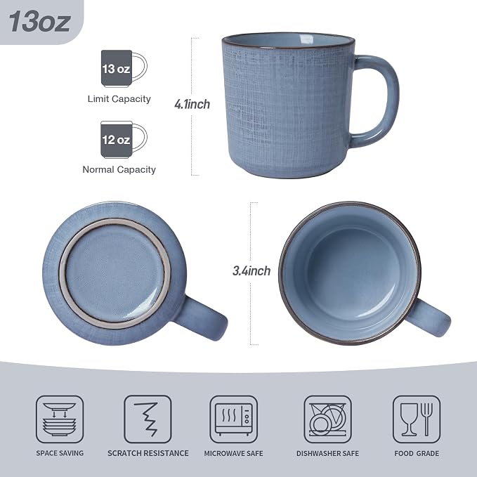 famiware Moonlight Coffee Mug Set of 4, 14oz Mug Set with Linen Finish, Coffee Cup Set with Handle for Latte, Cappuccino, Tea, Hot Cocoa, Microwave and Dishwasher Safe, Blue