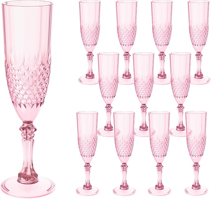 Plastic Champagne Flutes, Champagne Glasses Bulk, Reusable Unbreakable Acrylic Wine Glasses Goblets for Weddings Bachelor Parties Toasting Bridal Shower (12, Pink)