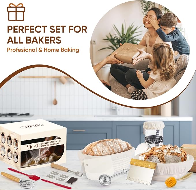 Sourdough Starter Kit with Round 9" & Oval 10" Banneton Bread Proofing Baskets, Starter Jar, Dough Whisk, Scraper & Bread Sling, Complete Sourdough Bread Baking Supplies Gift Set for Home Bakers