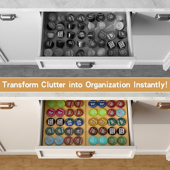 PEKER Bamboo Coffee Pod Drawer Organizer, Holder Tray for Coffee Station, Holds 20 Single-Serve Pods, Natural Bamboo Organizer for Kitchen Storage
