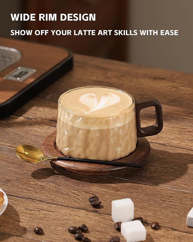 Bincoo Japanese Style Glass Coffee Cups with Walnut Wood Saucer, 7.8oz/230ML Borosilicate Glass Mugs with Handles, Elegant Gift Set for Coffee Lovers,Smoke