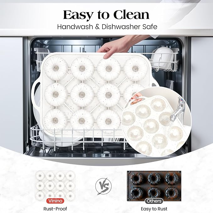 Vinino 3 Inch Silicone Mini Fluted Tube Cake Pan with Metal Reinforced Frame, 12-Cavity Mini Flan Mold, Nonstick Baking Pan for Mini Donuts, Muffins, Brownies, Jellies, 2 Pack