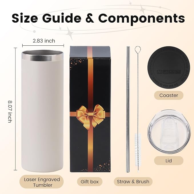Joyclub Tumblers Bulk Laser Engraving Blanks 1 Pack 20 oz Skinny Powder Coated Tumbler Stainless Steel Tumblers with Lids and Straws for DIY Gifts Custom Tumblers