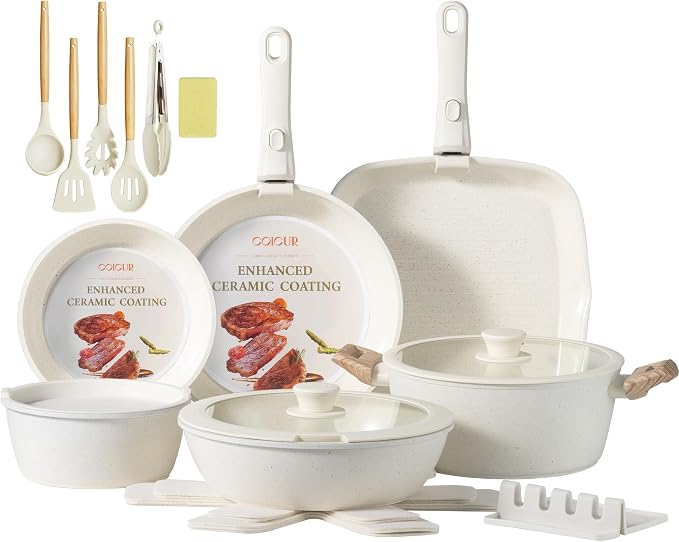 Ceramic Cookware Set Non Stick 23Pcs Pots and Pans Set Non Toxic with Detachable Handle Induction Kitchen Cookware Set Space Saving, Oven & Dishwasher Safe, Cream