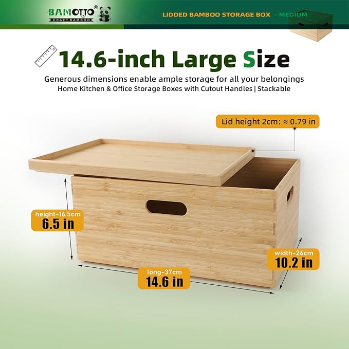 BAMOTTO CRAFTBAMBOO 14.6”x10.2”x6.5” Lidded Storage Bins - Stackable Bamboo Box/Cube/Basket with Handles for Home Kitchen Office, Organize Tableware Clothing Toys Books